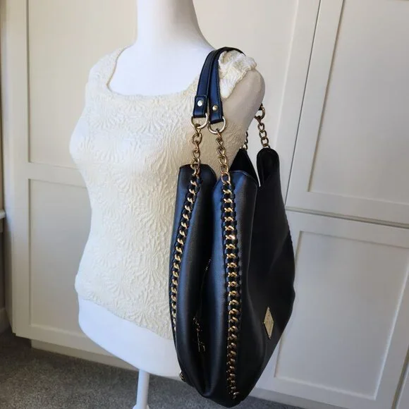 Bebe Black Faux Leather Bag Purse Large Gold Chains Glam Edgy Maximalism Loud - Picture 3 of 16